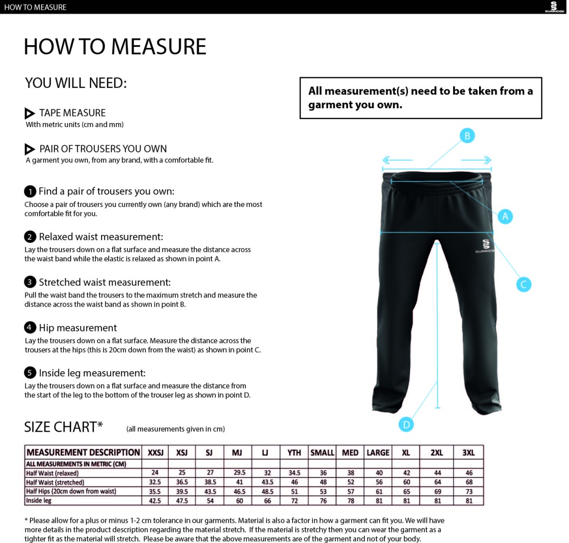 North Middlesex CC - Dual Poplin Track Pant - Black - Size Guide