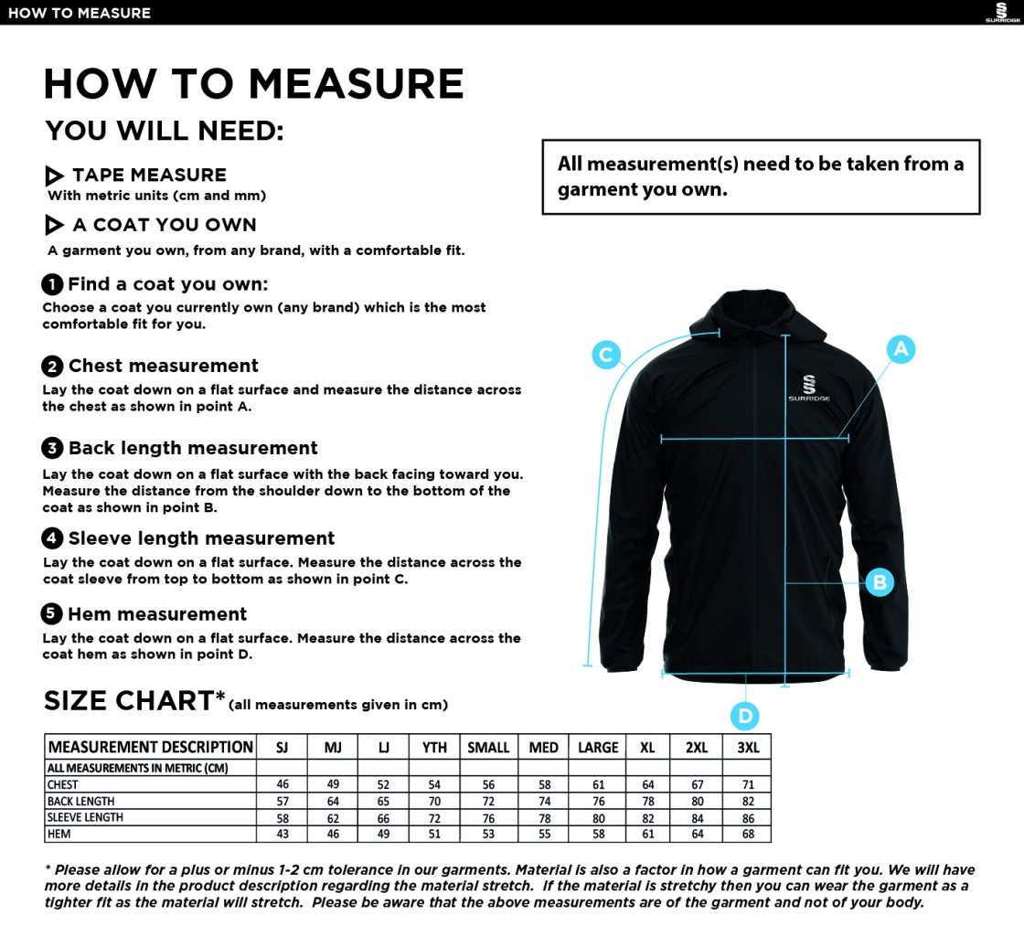 North Middlesex CC - Dual Elite 1/4 Zip Hoody / Rain Jacket - Black - Size Guide