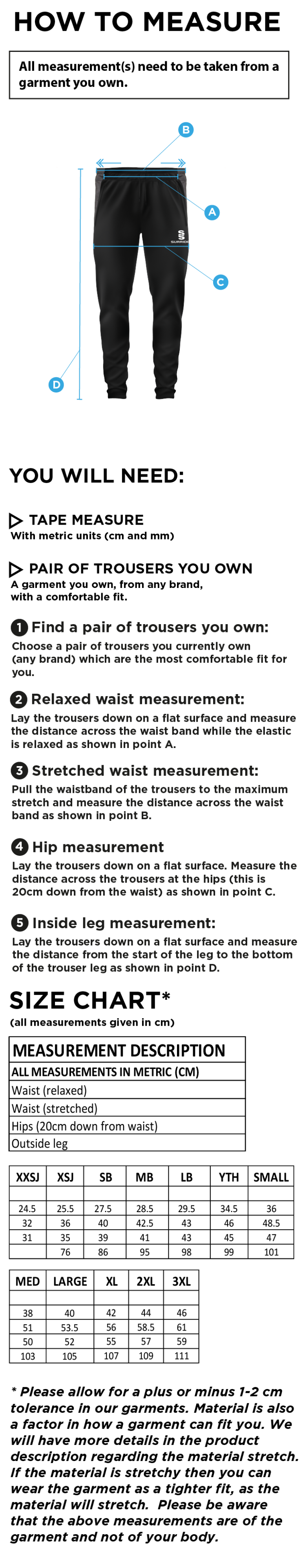 North Middlesex CC - Tek Slim Pants - Size Guide