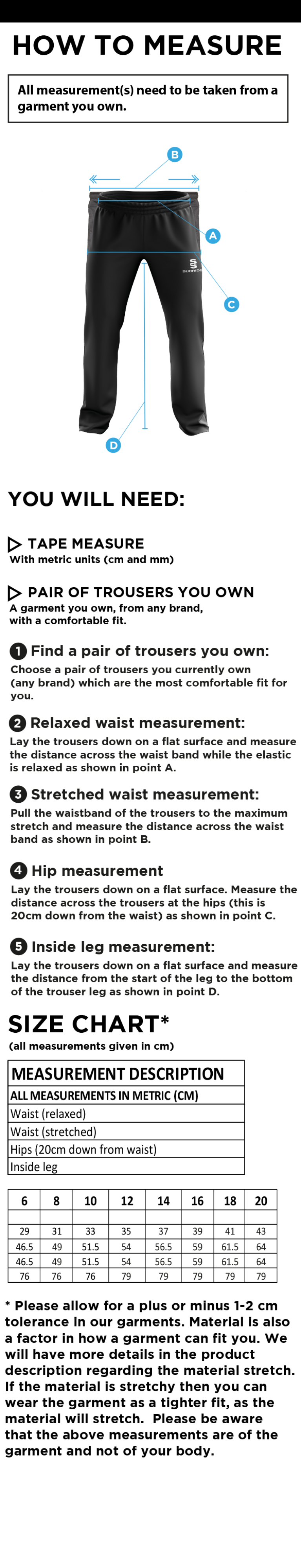 North Middlesex CC - Dual Poplin Track Pant - Black - Women's Fit - Size Guide