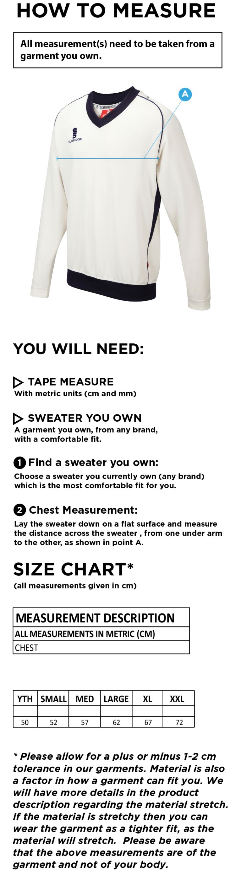 North Middlesex CC - Long Sleeve Sweater - Size Guide