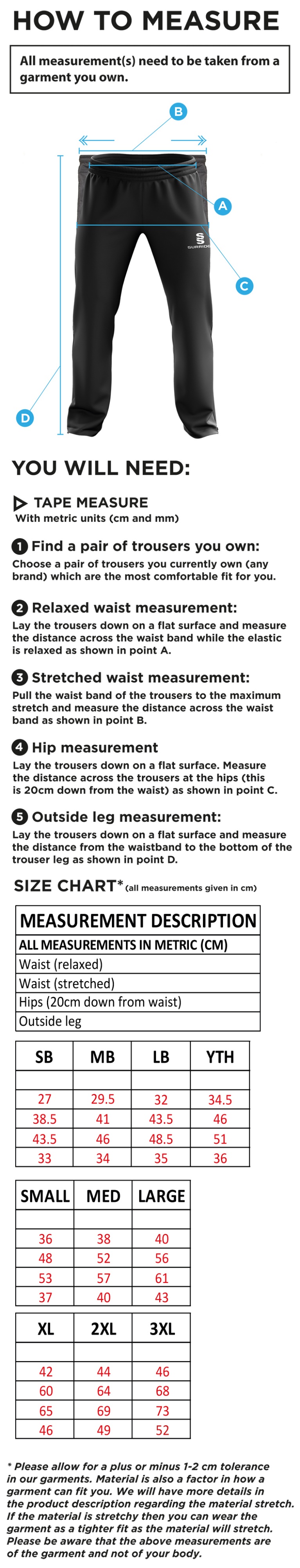 North Middlesex CC - Ripstop Track Pant - Size Guide