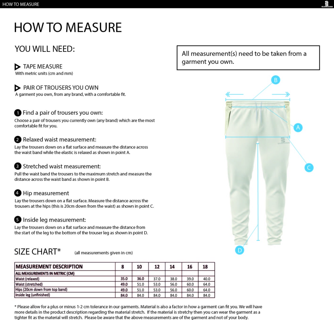 NORTH MIDDLESEX CC Ergo Playing Women`s Pant - Size Guide