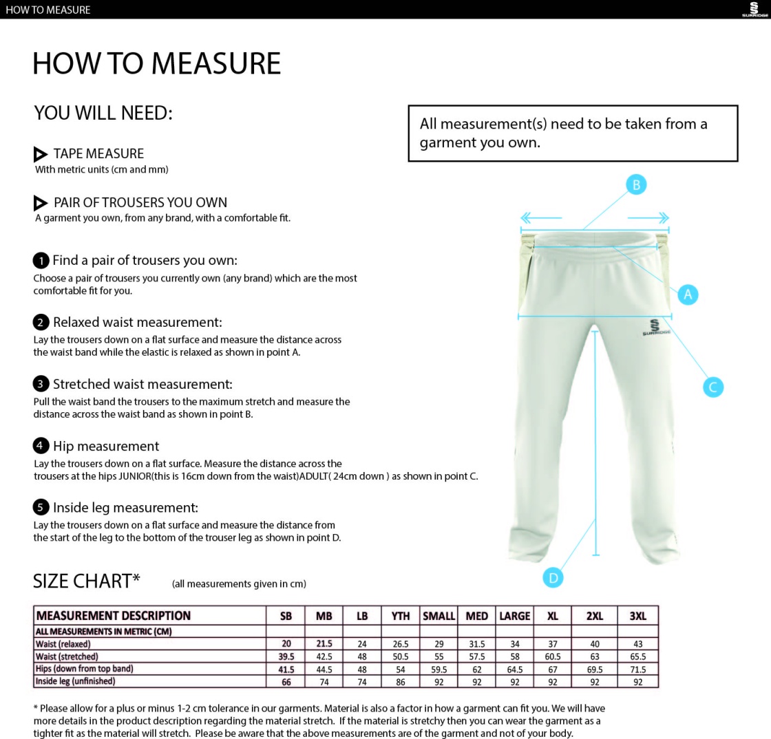 North Middlesex CC - Standard Playing Pant - Size Guide