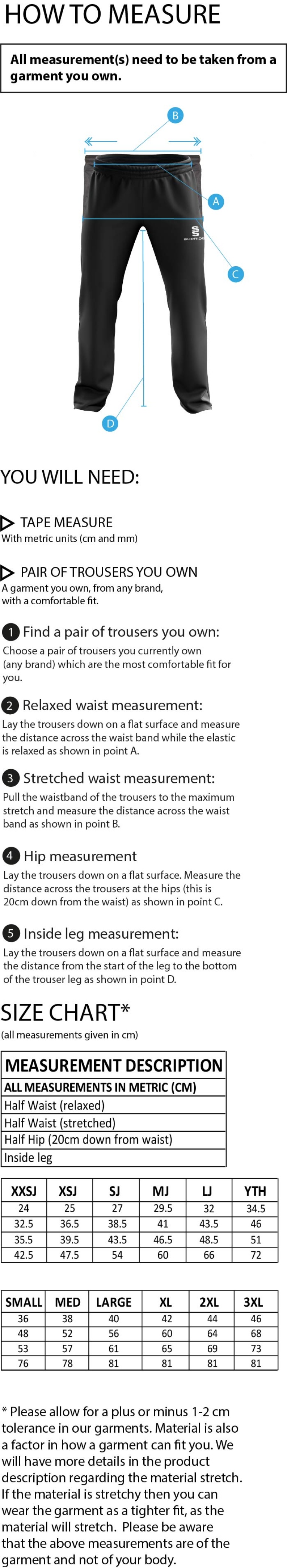 North Middlesex CC - Dual Poplin Track Pant - Black - Size Guide