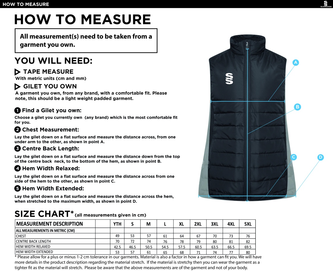 North Middlesex CC - Active Gilet - Black - Size Guide