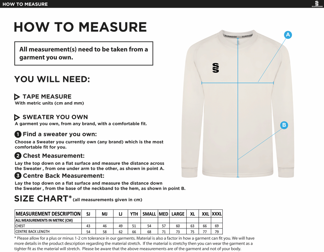 North Middlesex CC - Blast Long Sleeve Sweater - Ivory - Size Guide