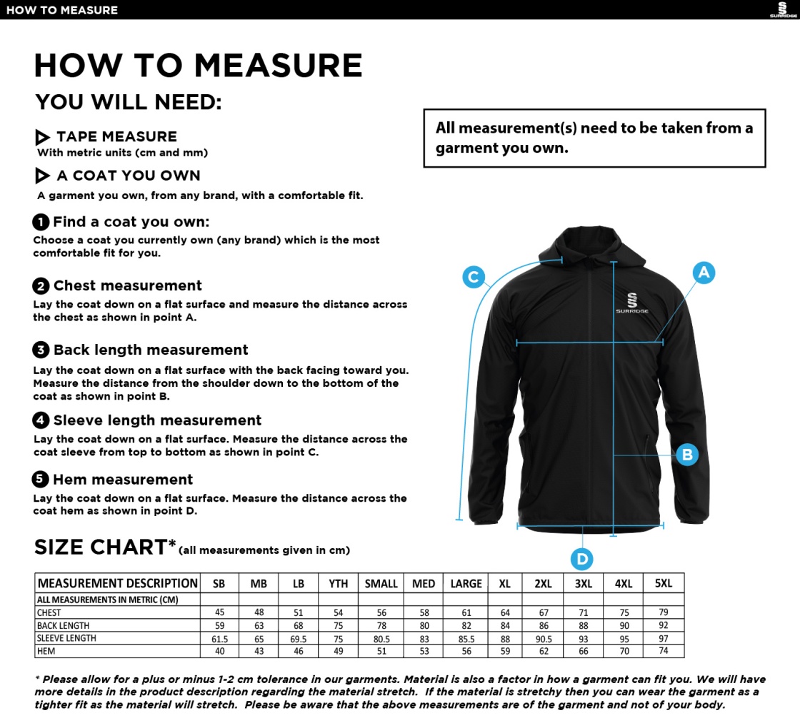 North Middlesex CC - Dual Full Zip Training Jacket - Black - Size Guide
