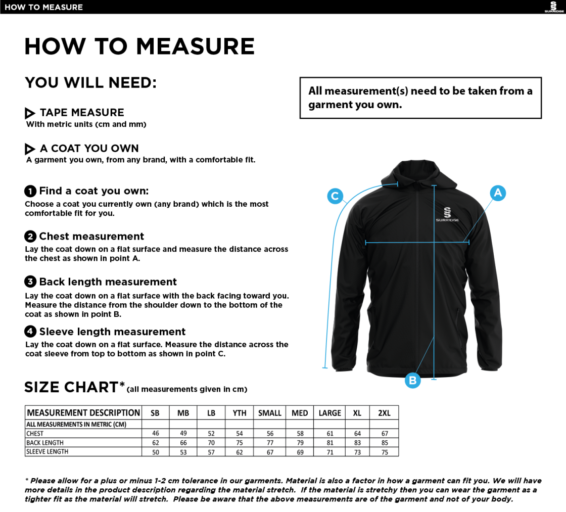 NORTH MIDDLESEX CC Dual Elite 1/4 Zip Hoody / Rain Jacket : Black - Size Guide