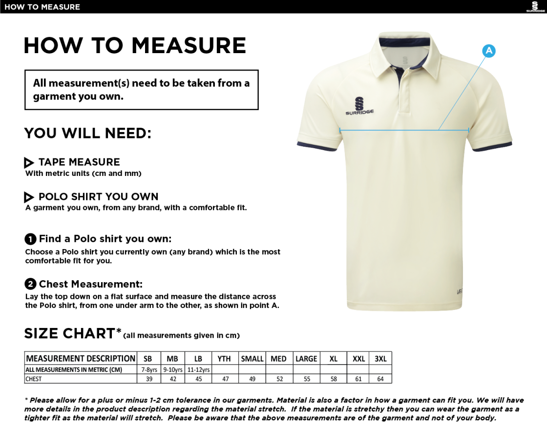 North Middlesex CC - Ergo Short Sleeved Playing Shirt - Size Guide