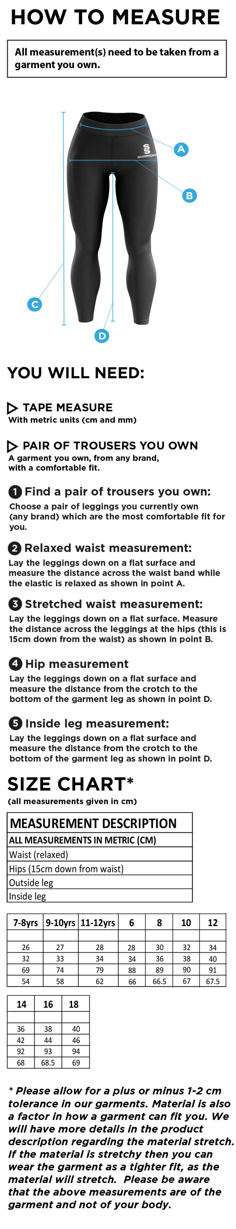 North Middlesex CC - Performance Full Length Leggings - Black - Women's Fit - Size Guide