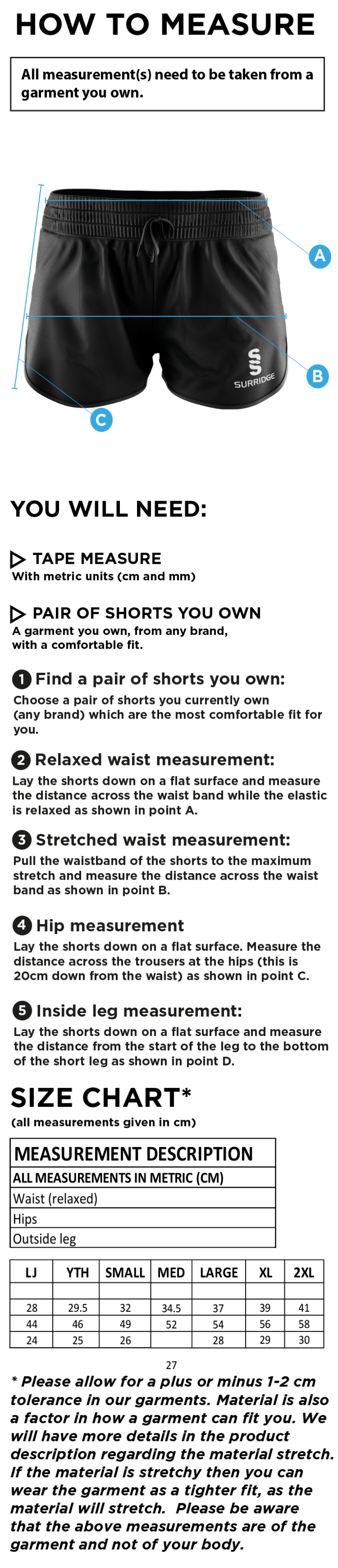 North Middlesex CC - Dual Active Short - Black - Women's Fit - Size Guide