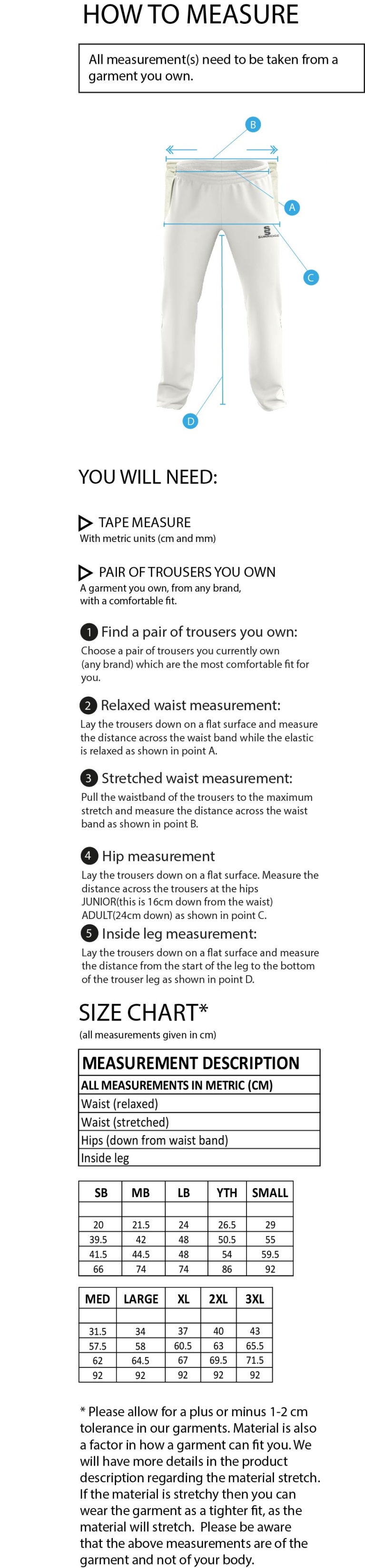 North Middlesex CC - Standard Playing Pant - Size Guide