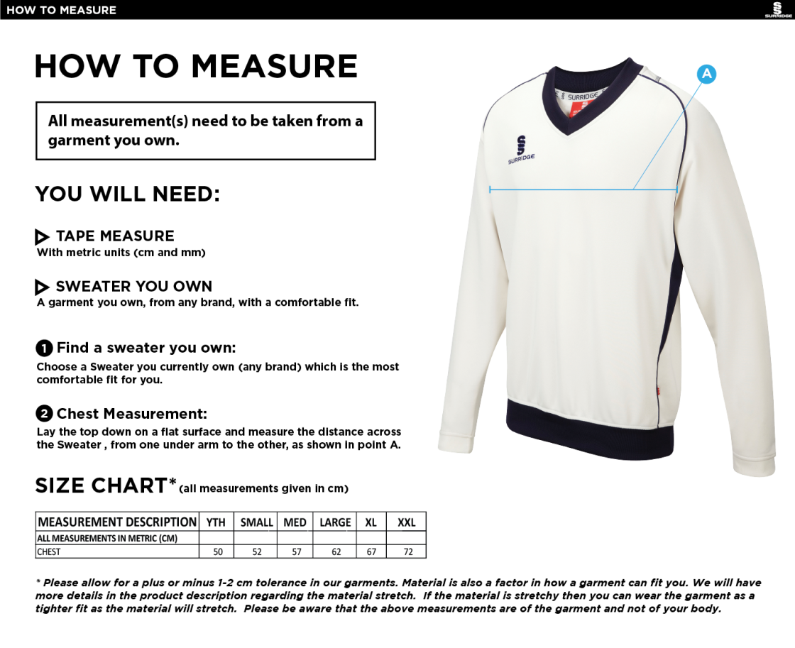 North Middlesex CC - Long Sleeve Sweater - Size Guide