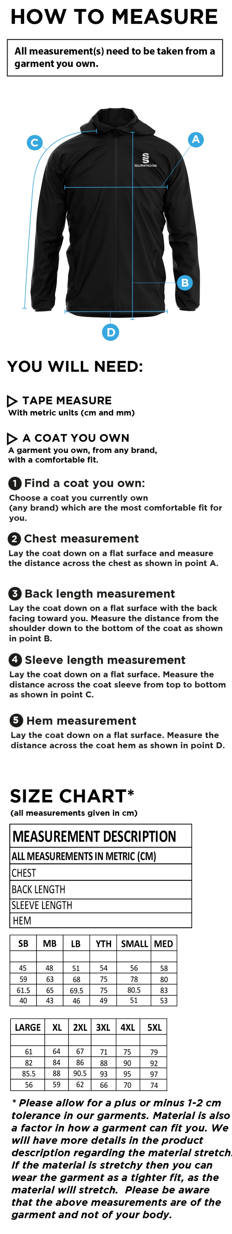 North Middlesex CC - Dual Full Zip Training Jacket - Black - Size Guide