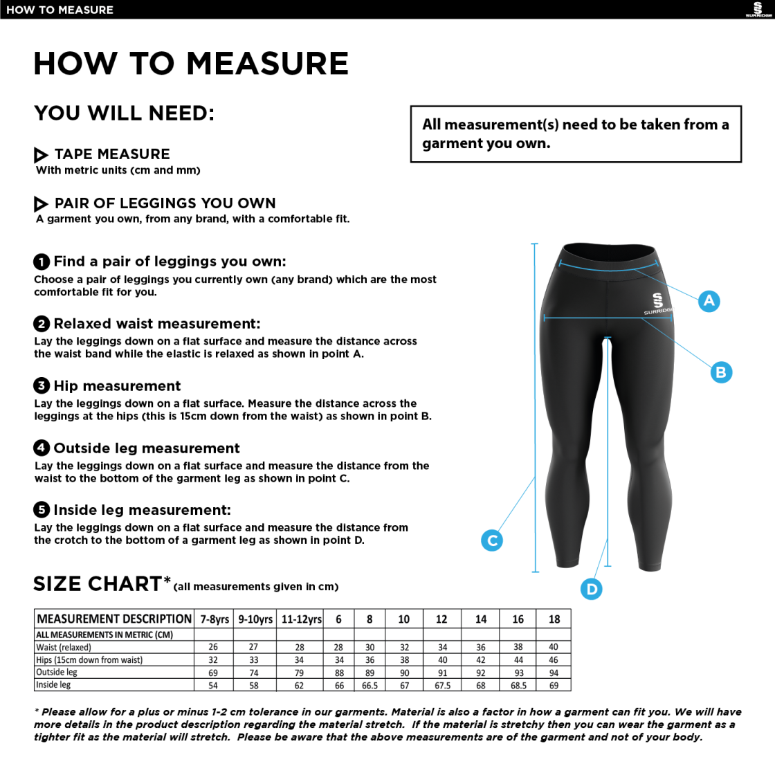 North Middlesex CC - Performance Full Length Leggings - Black - Women's Fit - Size Guide