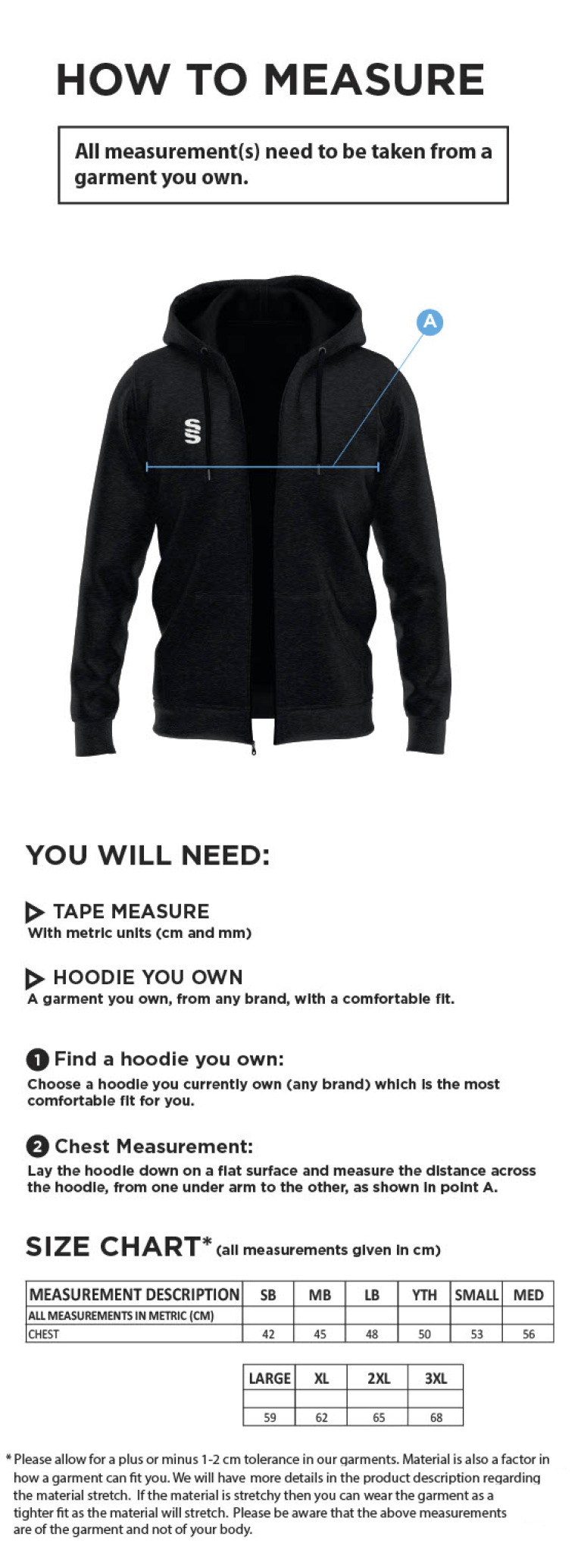 North Middlesex CC - Dual Full Zip Hoody - Black - Size Guide