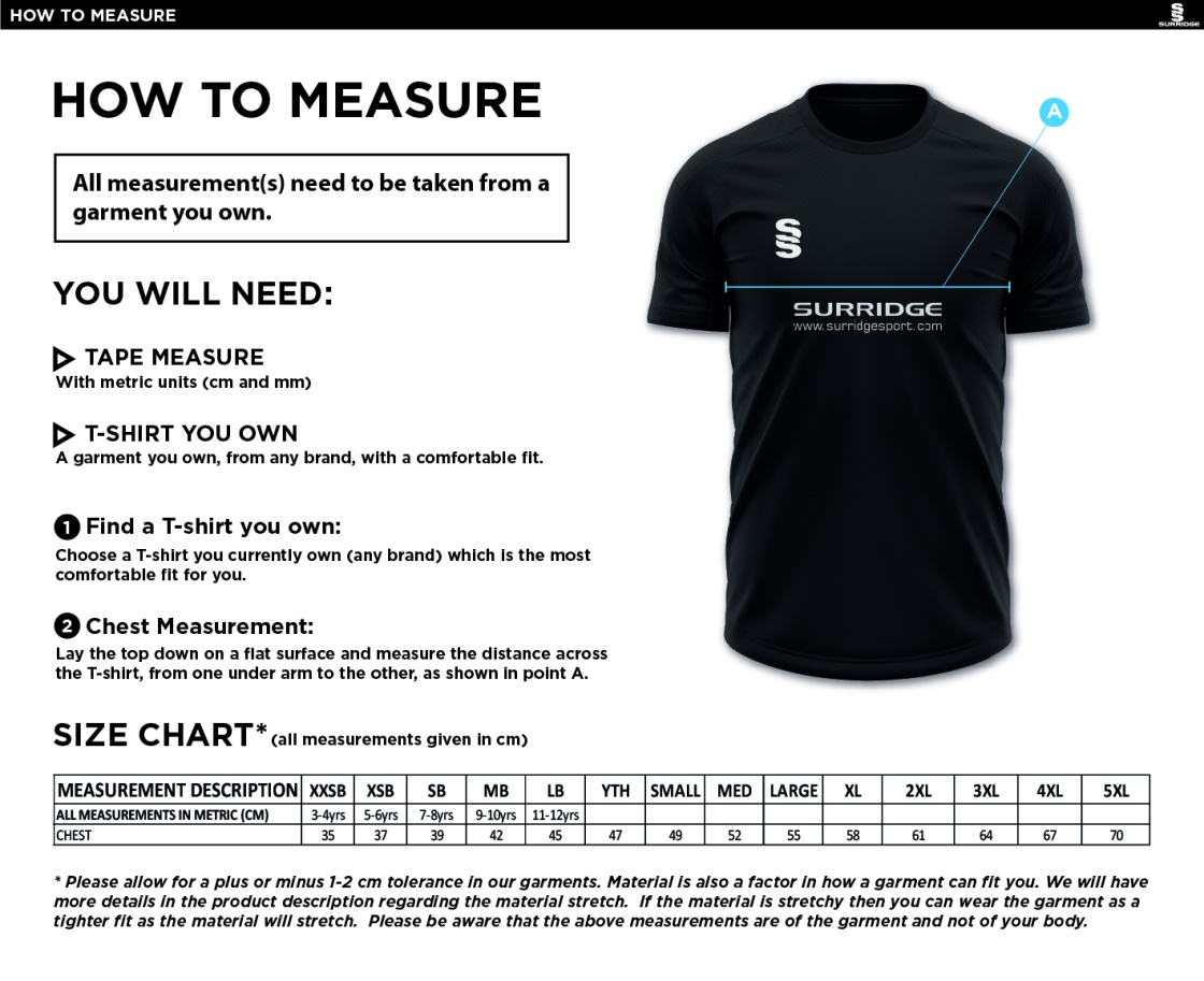 North Middlesex CC - Blade Training Shirt - Size Guide