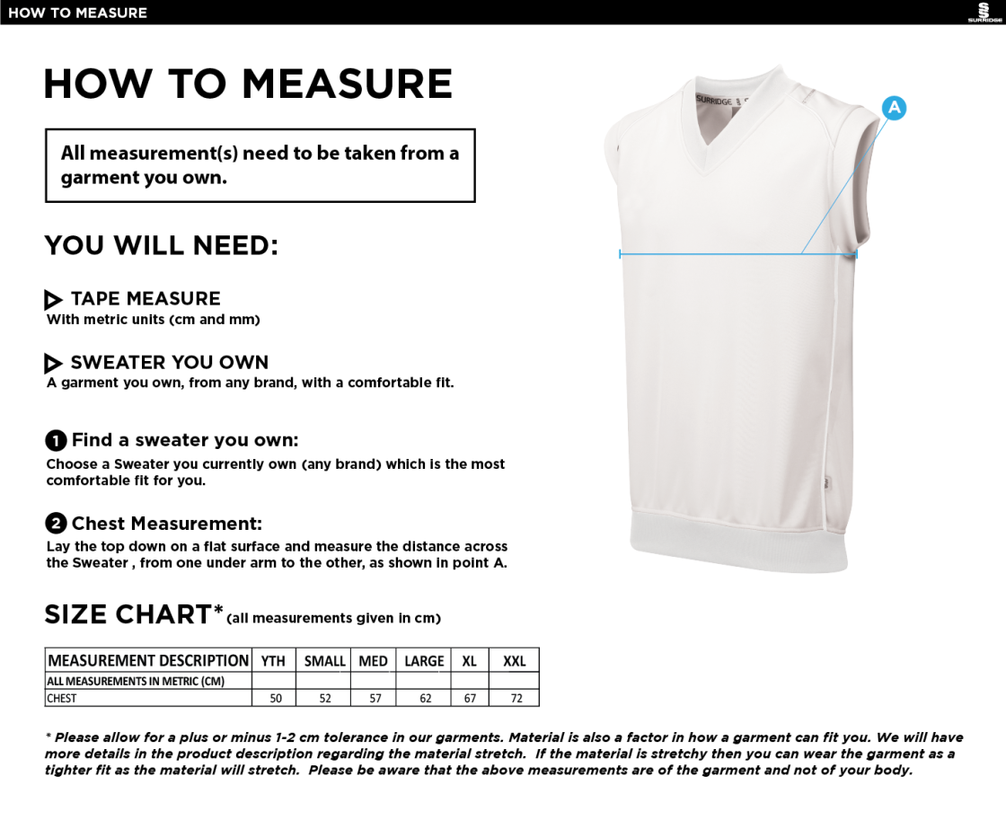 North Middlesex CC - Sleeveless Sweater - Size Guide