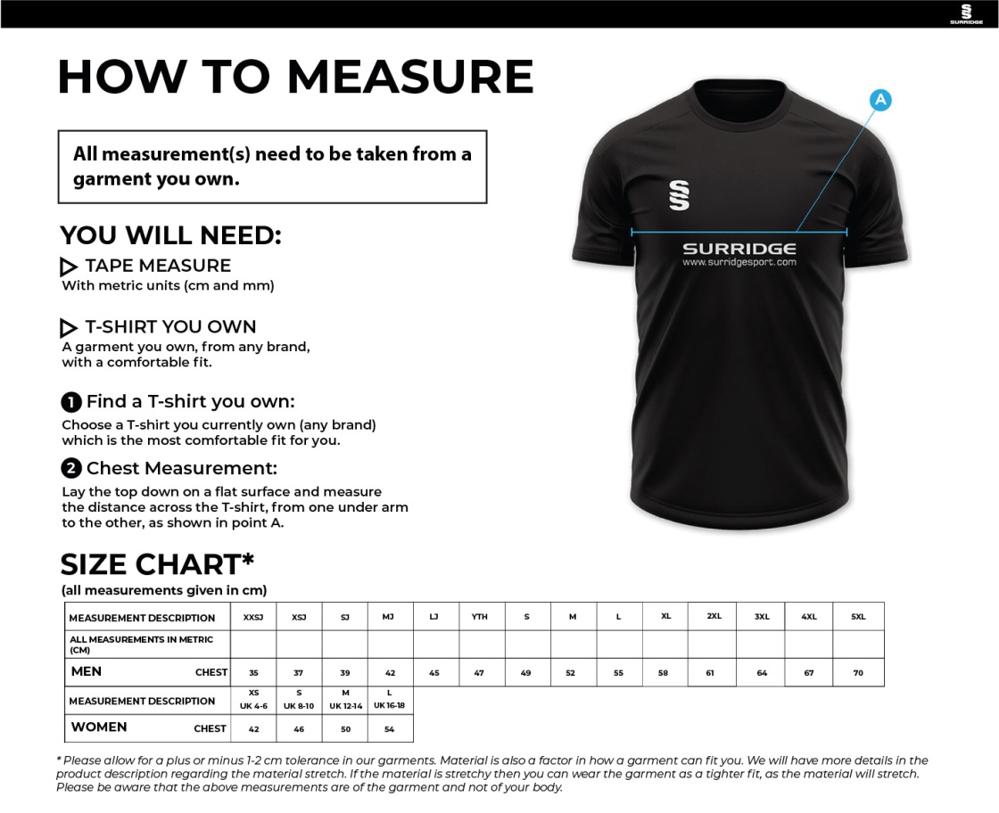 North Middlesex - Short Sleeved Polo Shirt - Size Guide