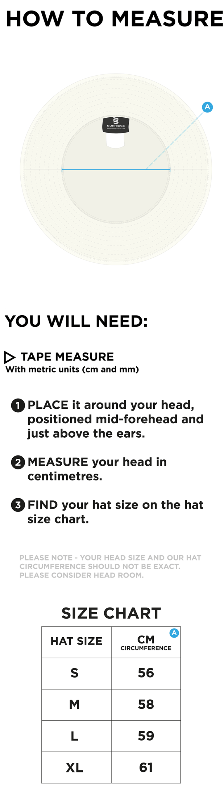 North Middlesex CC - Floppy Hat - Maroon - Size Guide
