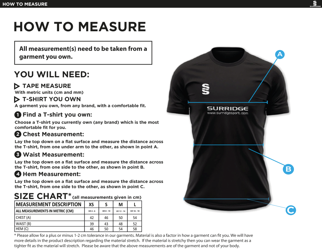 North Middlesex CC - Dual Games Shirt - Maroon - Women's Fit - Size Guide
