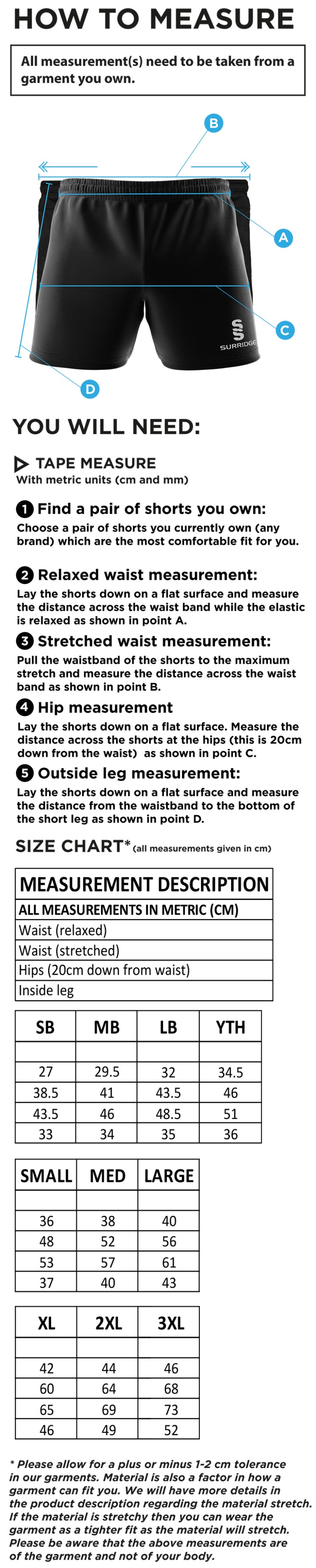 North Middlesex CC - Performance Gym Short - Black - Size Guide