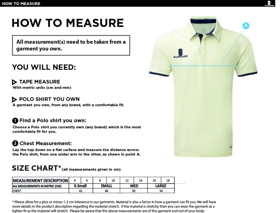 NORTH MIDDLESEX CC Dual Cricket Shirt Short Sleeve Womens - Size Guide