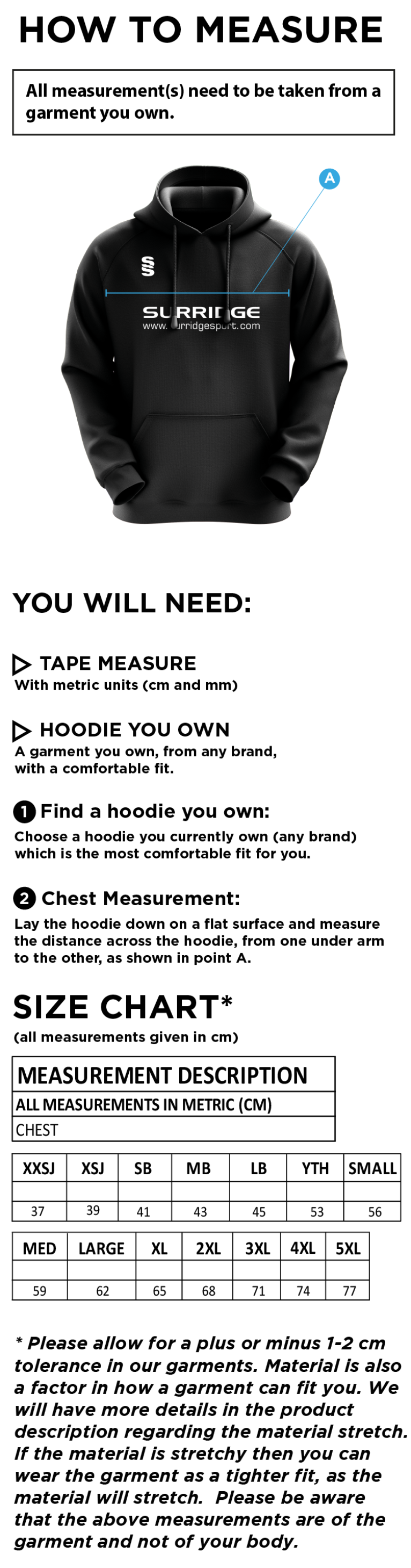 North Middlesex CC - Fuse Hoody - Size Guide