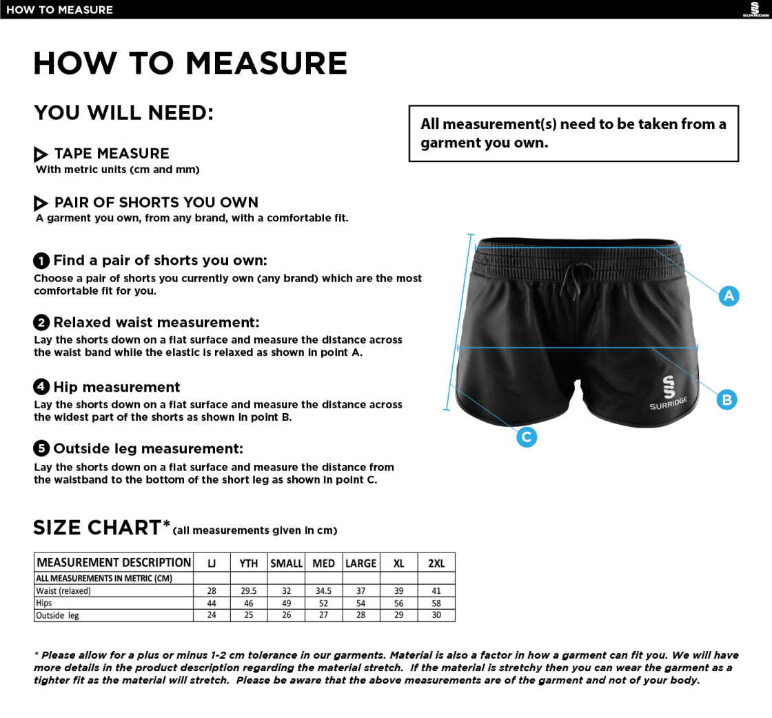 North Middlesex CC - Dual Active Short - Black - Women's Fit - Size Guide
