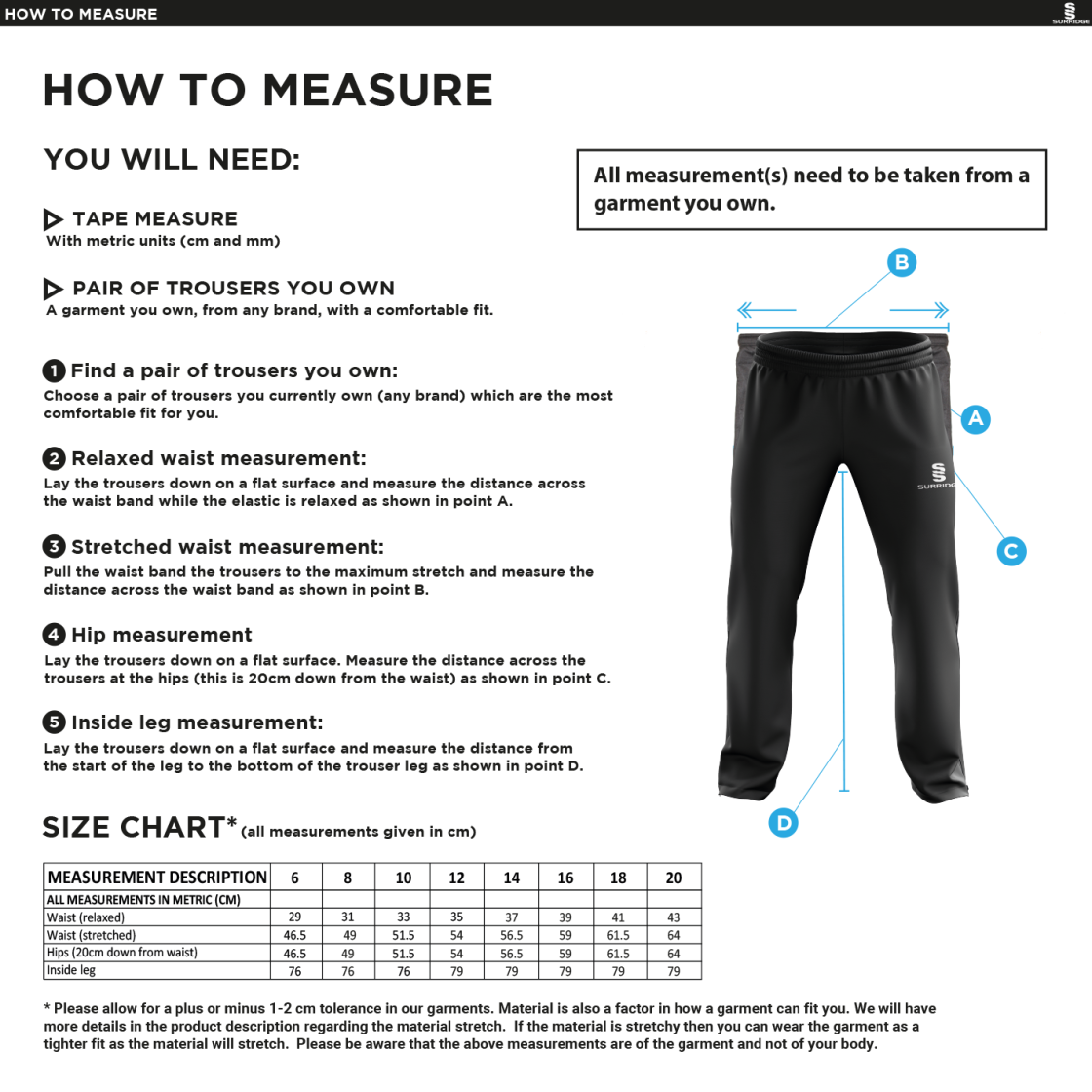 North Middlesex CC - Dual Poplin Track Pant - Black - Women's Fit - Size Guide