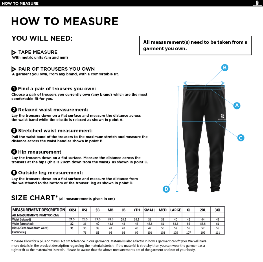 North Middlesex CC - Tek Slim Pants - Size Guide