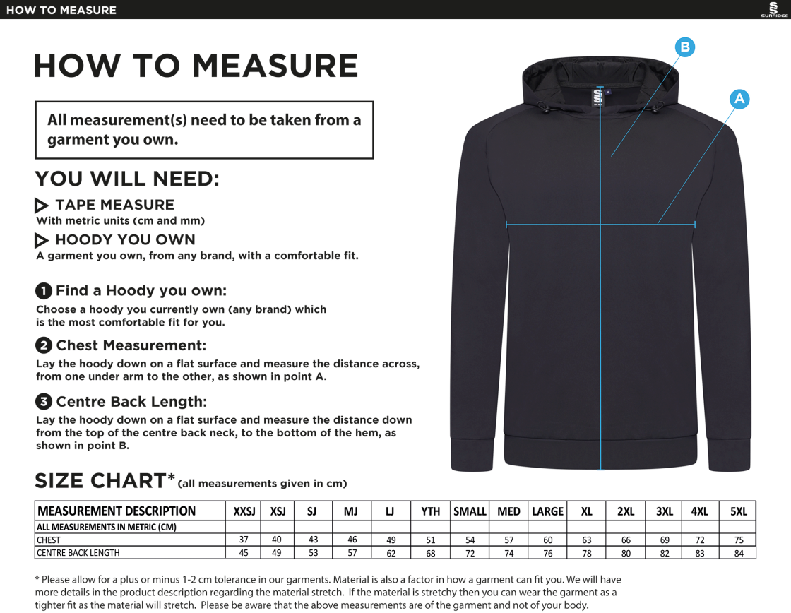 North Middlesex CC - Active Hoody - Black - Size Guide