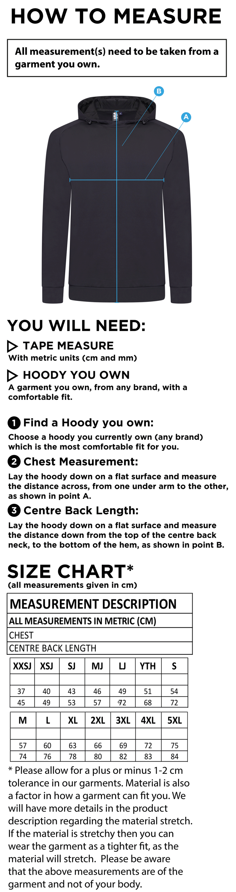 North Middlesex CC - Active Hoody - Black - Size Guide