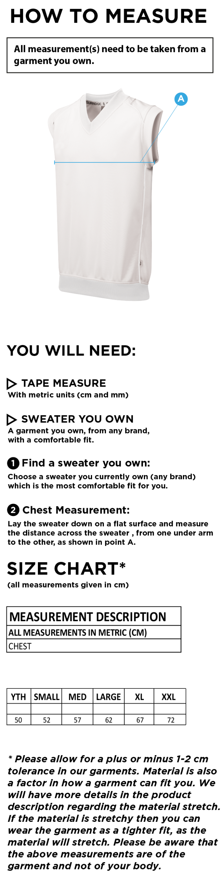 North Middlesex CC - Sleeveless Sweater - Size Guide