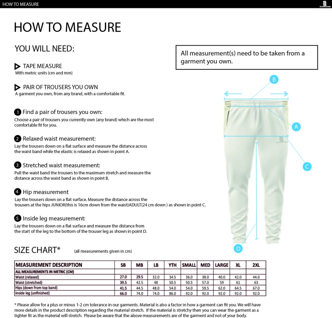 North Middlesex CC - Ergo Playing Pant - Size Guide