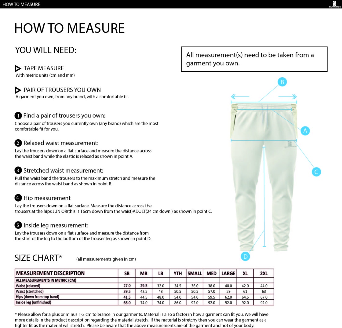 North Middlesex CC - Tek Playing Trousers - Size Guide