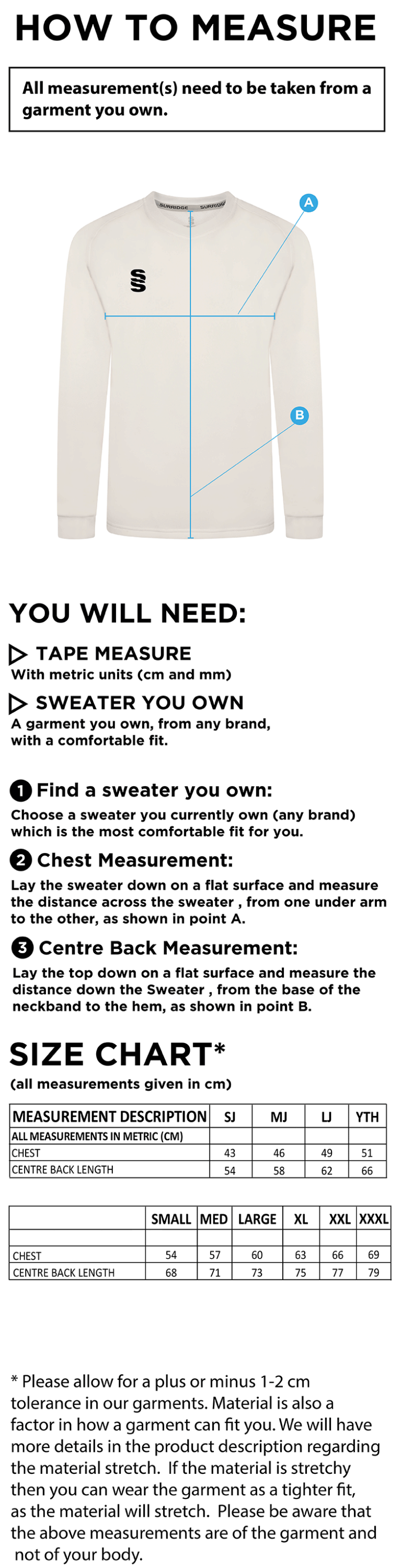 North Middlesex CC - Blast Long Sleeve Sweater - Ivory - Size Guide