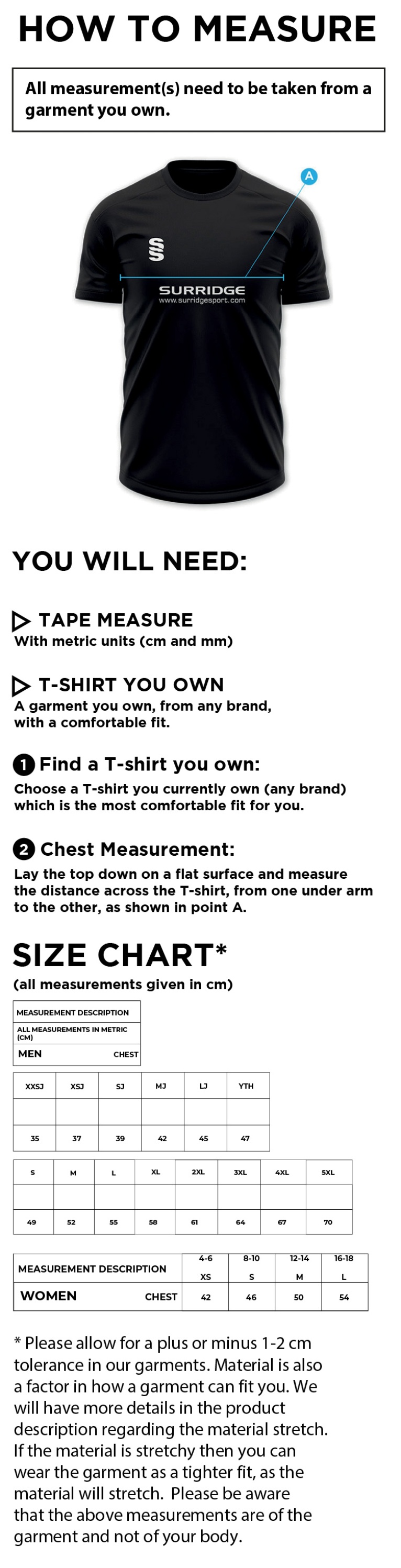 North Middlesex - Short Sleeved Polo Shirt - Size Guide
