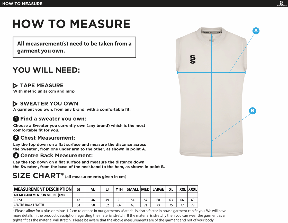 North Middlesex CC - Blast Sleeveless Sweater - Ivory - Size Guide