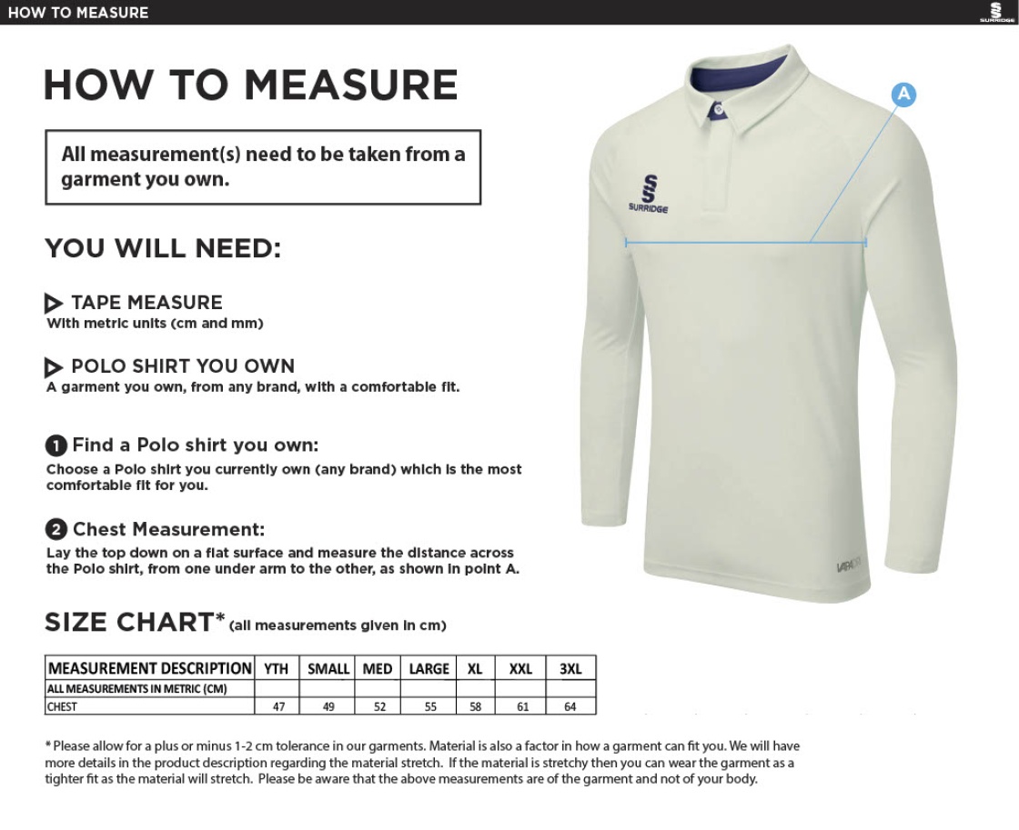 North Middlesex CC - Ergo Long Sleeved Playing Shirt - Size Guide