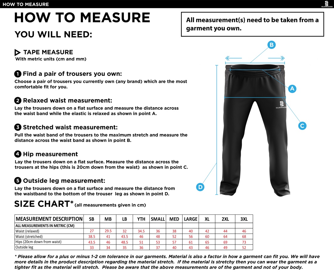 North Middlesex CC - Ripstop Track Pant - Size Guide