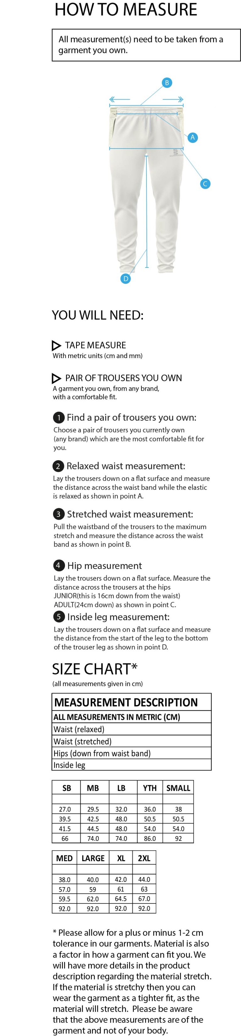 North Middlesex CC - Tek Playing Trousers - Size Guide