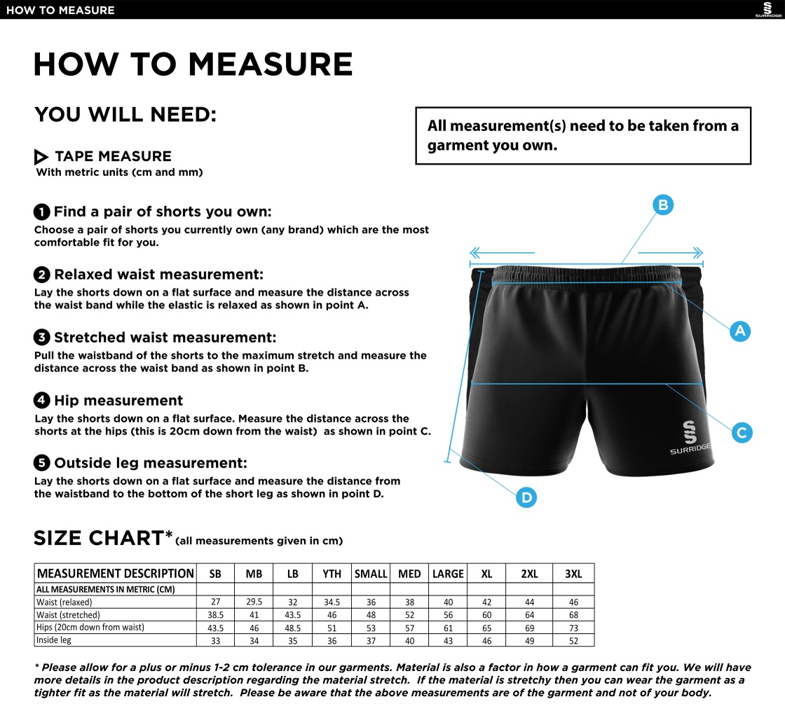 North Middlesex CC - Performance Gym Short - Black - Size Guide