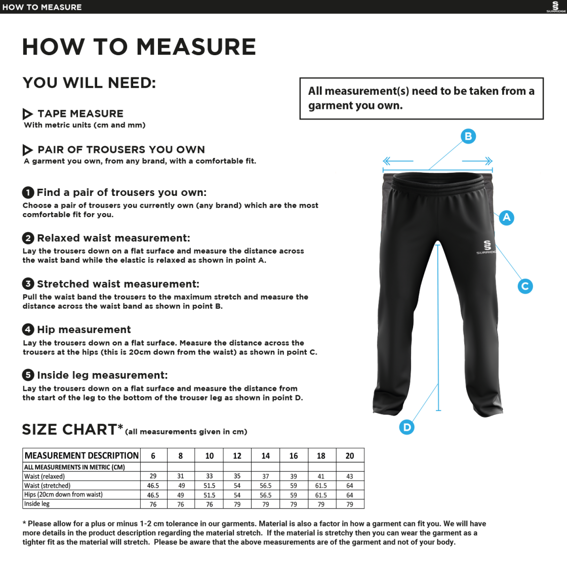 NORTH MIDDLESEX CC Classic Tracksuit Pant With Thigh Length Zip Black Female - Size Guide