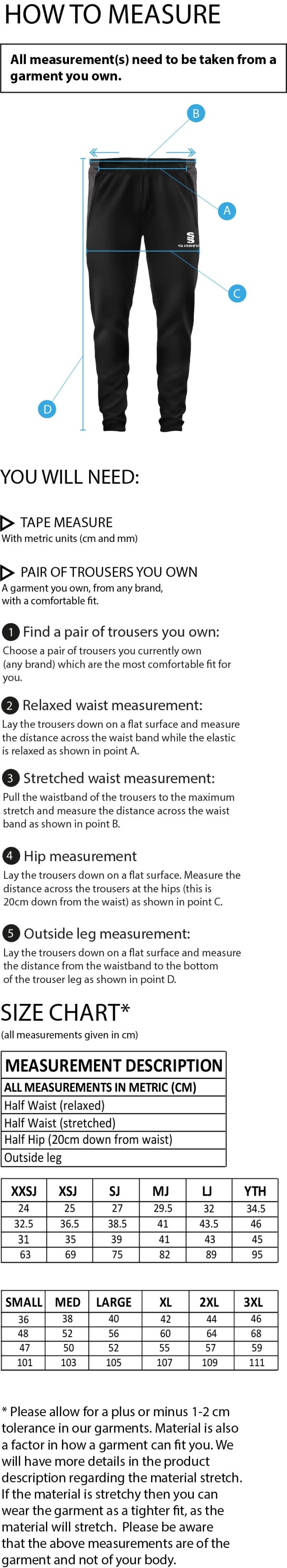 North Middlesex CC - Dual Skinny Pant - Black - Size Guide