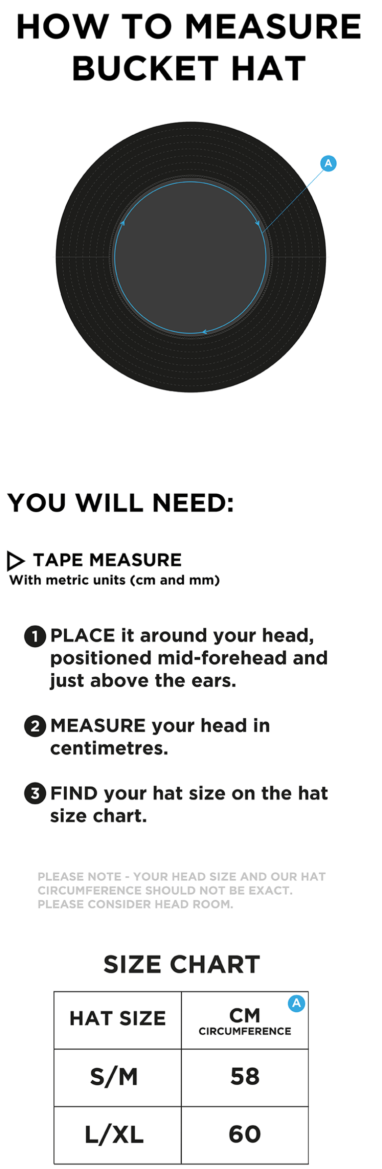 North Middlesex CC - Dual Bucket Hat - Black - Size Guide