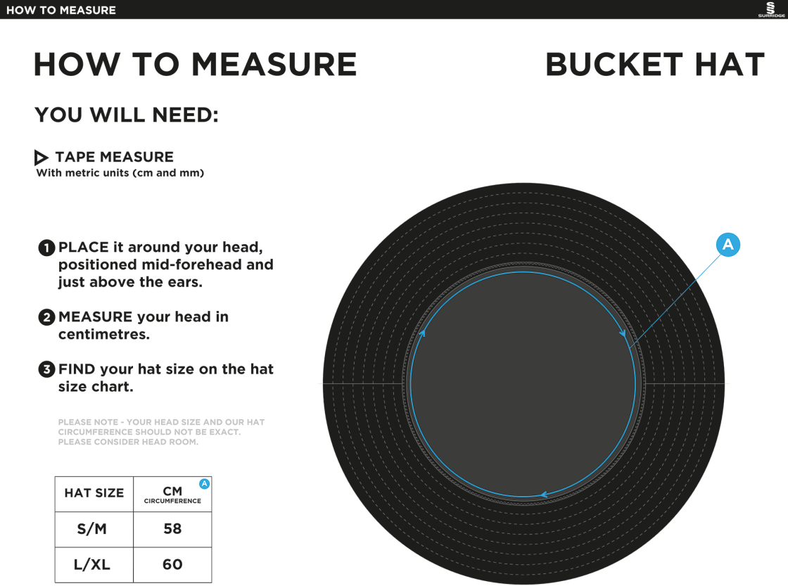 North Middlesex CC - Dual Bucket Hat - Black - Size Guide