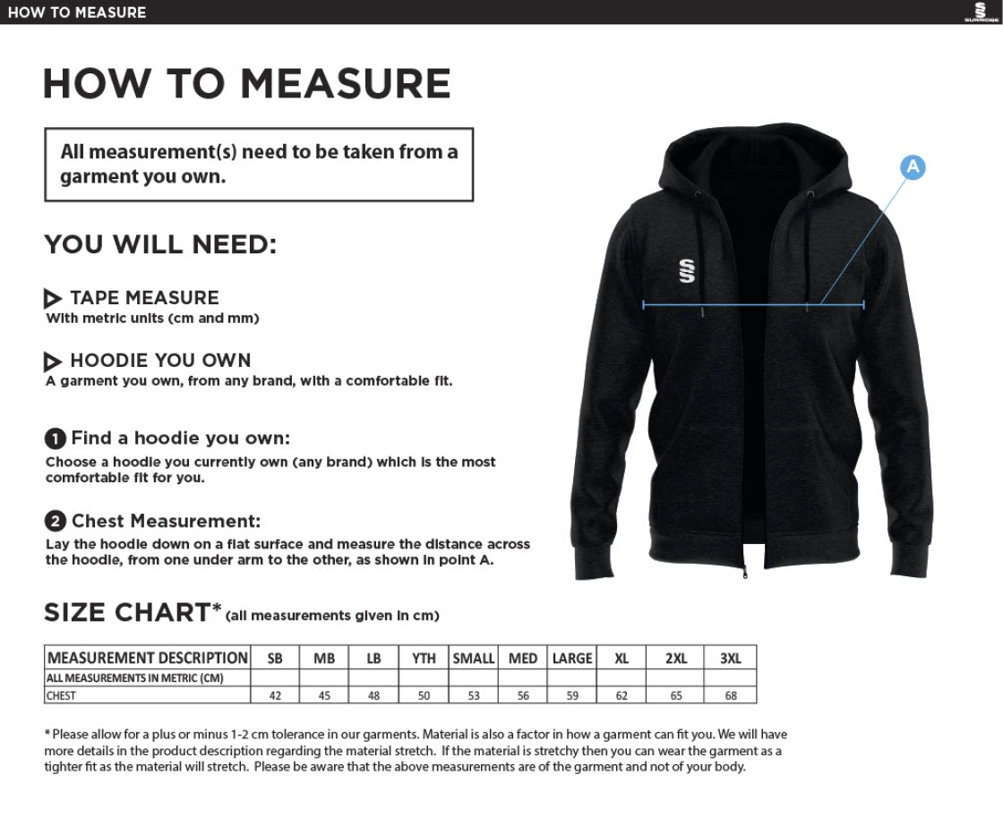 North Middlesex CC - Dual Full Zip Hoody - Black - Size Guide