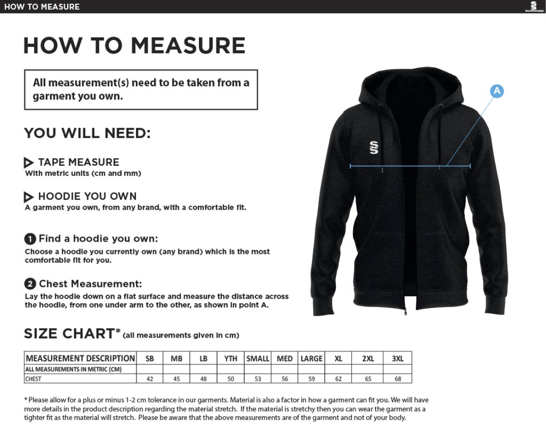 North Middlesex CC - Dual Full Zip Hoody - Size Guide